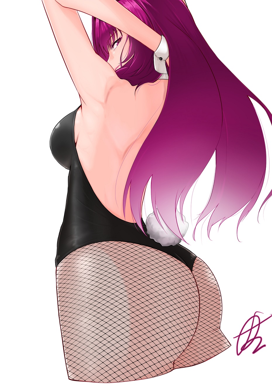 1girl, ass, back, bangs, bare_shoulders, black_leotard, breasts, bunny_tail, commentary_request, detached_collar, fate/grand_order, fate_(series), fishnet_pantyhose, fishnets, highres, large_breasts, leotard, long_hair, looking_at_viewer, looking_back, pantyhose, purple_hair, red_eyes, saco_(cgmore), scathach_(fate)_(all), scathach_(fate/grand_order), simple_background, solo, tail, white_background, wrist_cuffs