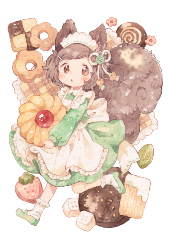 1girl, :o, animal_ears, apron, blush, bobby_socks, brown_eyes, brown_hair, checkerboard_cookie, commentary_request, cookie, dress, food, frilled_apron, frills, full_body, green_dress, green_footwear, hair_ornament, hair_ribbon, holding, holding_food, long_sleeves, looking_at_viewer, maid_headdress, mary_janes, mokarooru, original, ribbon, running, shoes, short_hair, socks, solo, squirrel_ears, squirrel_tail, tail, traditional_media, watercolor_(medium), white_apron, white_legwear, white_ribbon, x_hair_ornament