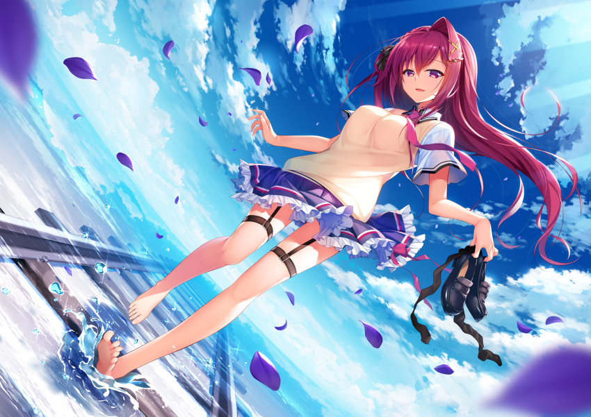 1girl, ahoge, barefoot, black_footwear, blue_skirt, blue_sky, clouds, collared_shirt