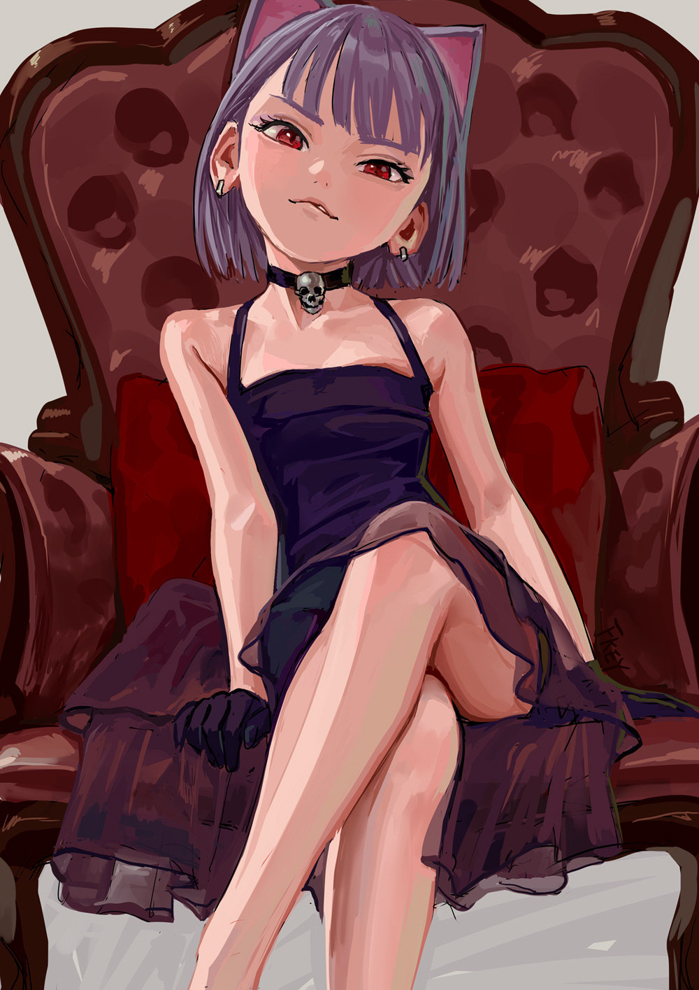 1girl, animal_ears, armchair, bangs, bare_arms, bare_shoulders, black_choker, brown_skirt