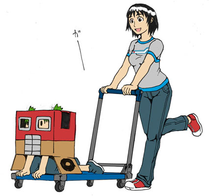black_hair, box, cardboard_box, green_hair, kamizono, koiwai_yotsuba, lowres, optimus_prime, short_hair, transformers, yotsubato!