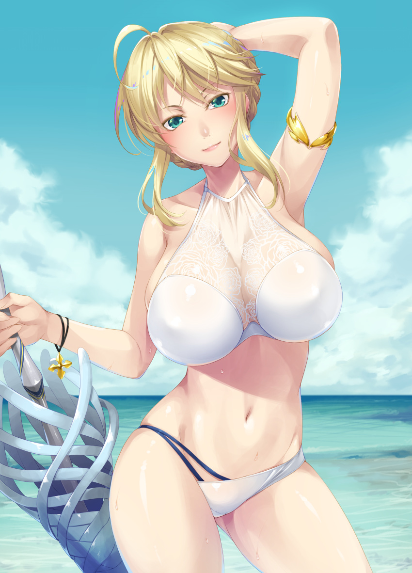 1girl, absurdres, ahoge, alternate_costume, arm_behind_head, arm_up, armband, artoria_pendragon_(all)