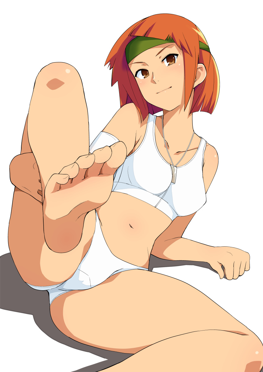 1girl, absurdres, advance_wars, arm_support, bare_shoulders, barefoot, blush, breasts, brown_hair, closed_mouth, collarbone, dog_tags, domino_(advanced_wars), feet, green_headband, haruhisky, head_tilt, headband, highres, leg_up, looking_at_viewer, medium_breasts, navel, orange_hair, paid_reward, panties, patreon_reward, shadow, shiny, shiny_skin, short_hair, simple_background, smile, solo, stomach, tank_top, toes, underwear, white_background, white_panties
