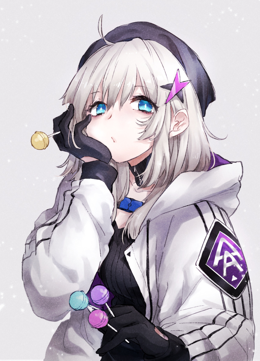1girl, aa-12_(girls_frontline), ahoge, bags_under_eyes, bangs, beret, black_gloves, blue_eyes, breasts, candy, food, girls_frontline, gloves, hair_ornament, hat, highres, hood, hood_down, hooded_jacket, jacket, kunoki_toki, lollipop, looking_at_viewer, silver_hair, solo
