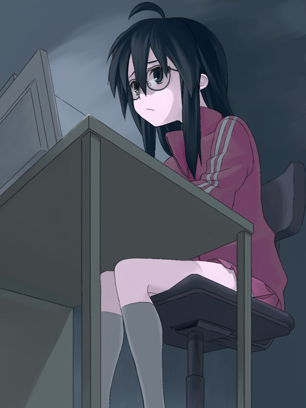black_eyes, black_hair, chair, desk, glasses, hikikomori, izumi_konata, kneehighs
