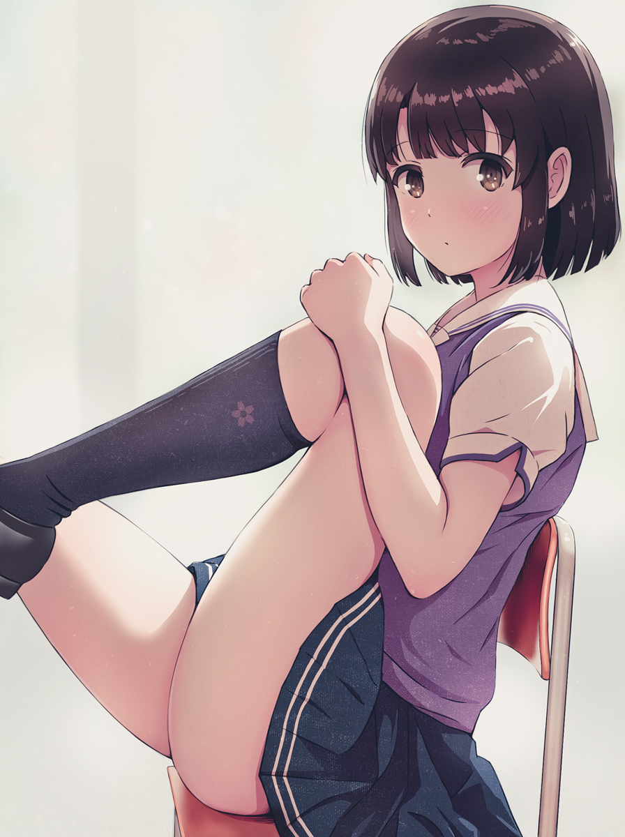 1girl, asou_(asabu202), blush, brown_eyes, brown_hair, chair, highres, katou_megumi