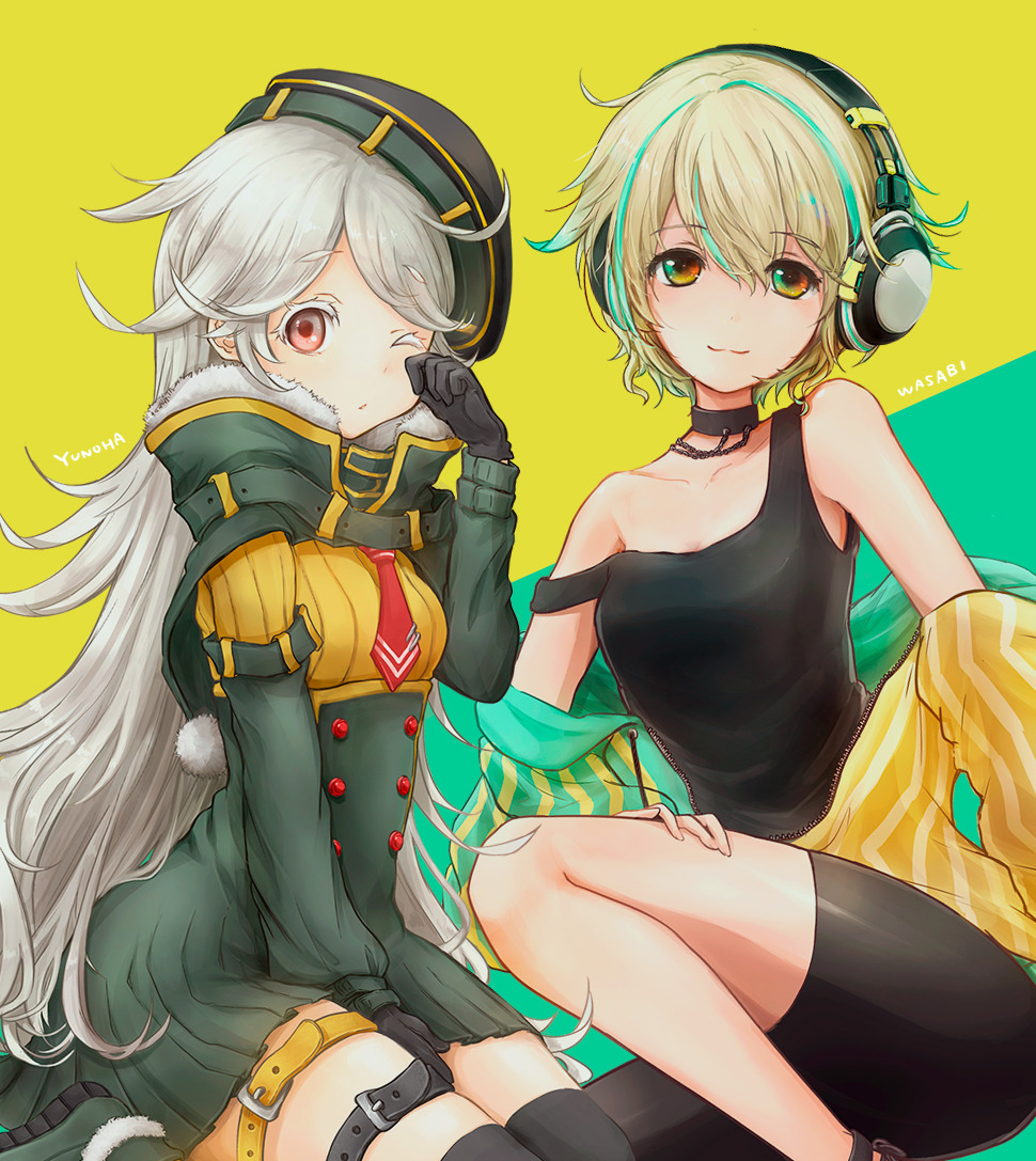 2girls, :3, beret, bike_shorts, black_choker, black_gloves, black_legwear, black_shirt