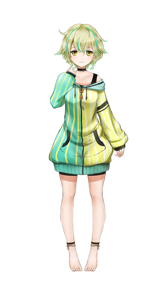 1girl, :3, ankle_ribbon, asymmetrical_clothes, barefoot, black_choker, black_shirt, black_shorts, blush, breasts, choker, collarbone, commentary_request, full_body, green_hair, green_jacket, hair_between_eyes, hand_up, jacket, light_green_hair, long_sleeves, medium_breasts, multicolored_hair, off-shoulder_shirt, off_shoulder, official_art, ribbon, rikka_(rikka331), ryuuseigun_project, shirt, shorts, simple_background, solo, standing, streaked_hair, striped, striped_jacket, tachi-e, two-tone_hair, vertical_stripes, virtual_youtuber, wasabi_rinne, white_background, yellow_eyes