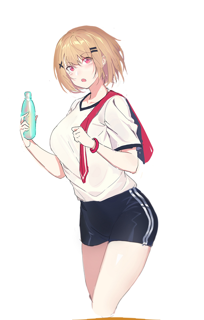 1girl, alternate_costume, alternate_hair_length, alternate_hairstyle, bangs, black_shorts, blonde_hair, blush