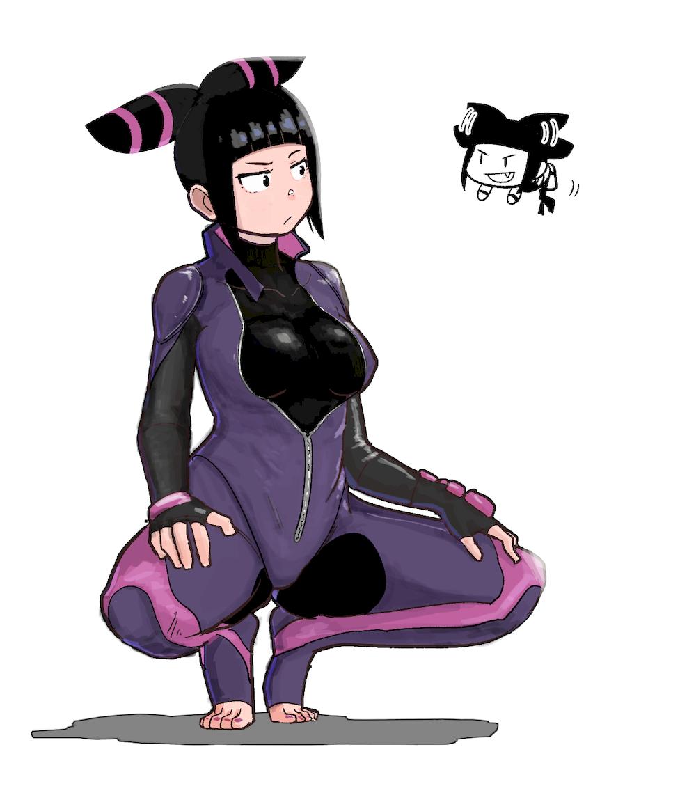 1girl, bangs, black_bodysuit, black_eyes, black_gloves, black_hair, blunt_bangs, bodysuit, breasts, chibi, closed_mouth, collarbone, commentary_request, drill_hair, emphasis_lines, eye_contact, fang, fingerless_gloves, full_body, gloves, han_juri, high_collar, jacket, korean_commentary, large_breasts, lineni, looking_at_another, motion_lines, multiple_views, nail_polish, pink_nails, purple_jacket, shadow, sidelocks, simple_background, skin_tight, smile, squatting, street_fighter, street_fighter_iv_(series), street_fighter_v, toeless_legwear, toenail_polish, toes, turtleneck, twin_drills, unzipped, white_background, zipper, zipper_pull_tab