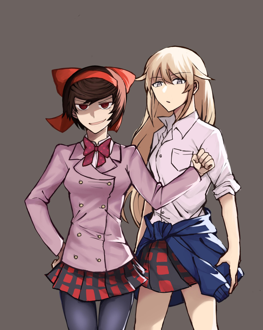 2girls, absurdres, blonde_hair, blue_eyes, brown_hair, clothes_around_waist, commentary, girls_und_panzer