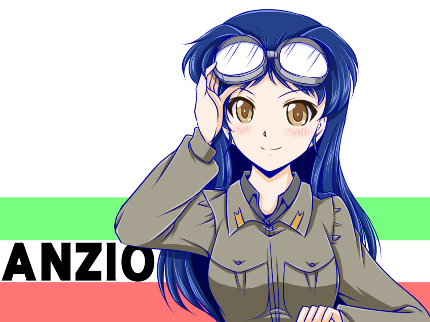 1girl, anzio_military_uniform, blue_hair, blush, brown_eyes, character_request, commentary_request, girls_und_panzer