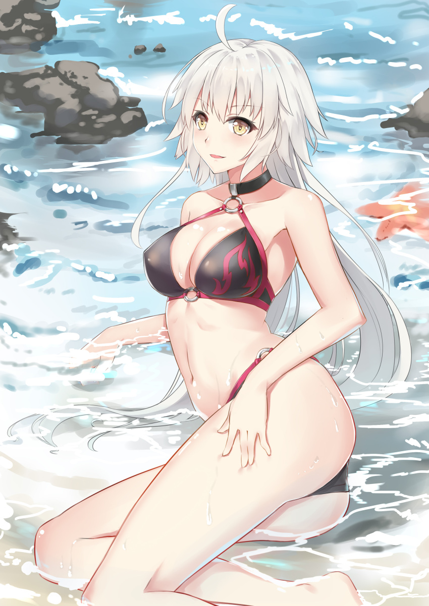 1girl, absurdres, ahoge, bikini, black_bikini, blush, breasts, brown_eyes
