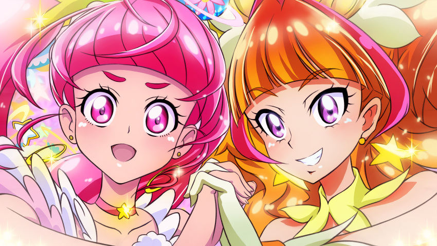 2girls, :d, absurdres, amanogawa_kirara, bangs, blunt_bangs, blush, brown_hair, choker, commentary_request, cure_star, cure_twinkle, earrings, gensou_(mopoepei), gloves, go!_princess_precure, grin, highres, holding_hands, hoshina_hikaru, jewelry, long_hair, looking_at_viewer, magical_girl, multicolored_hair, multiple_girls, open_mouth, partial_commentary, pink_eyes, pink_hair, pink_neckwear, precure, pun, redhead, shiny, shiny_hair, smile, star, star_choker, star_earrings, star_twinkle_precure, streaked_hair, two-tone_hair, upper_body, violet_eyes, yellow_gloves