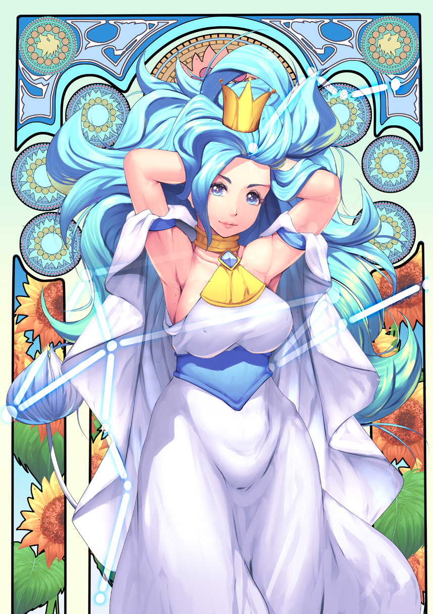 1girl, armlet, armpits, arms_behind_head, arms_up, art_nouveau, blue_eyes, blue_hair