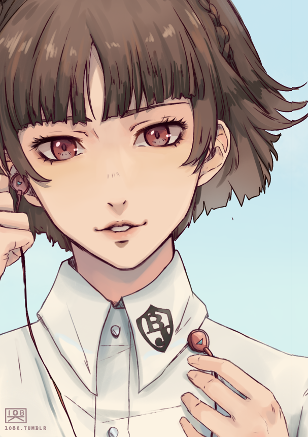 1girl, 1o8k, bangs, brown_eyes, brown_hair, chair, close-up, earplugs, lips, looking_at_viewer, niijima_makoto, persona, persona_5, red_eyes, school_uniform, shirt, short_hair, skirt, sky, smile