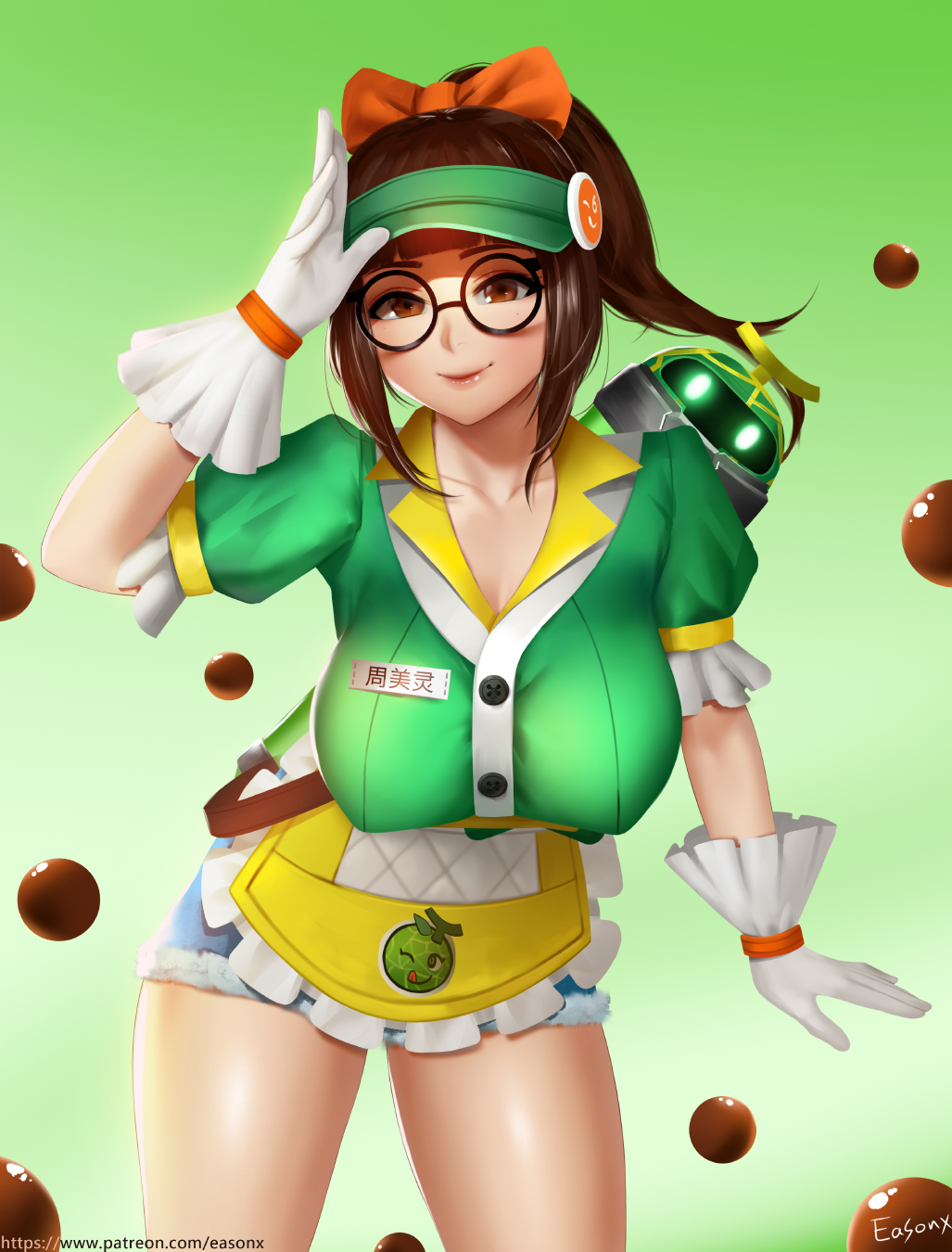 1girl, alternate_costume, alternate_hairstyle, apron, artist_name, ball, black-framed_eyewear, bow, breasts, brown_eyes, brown_hair, buttons, chocolate, collarbone, cowboy_shot, cutoffs, denim, denim_shorts, drone, easonx, glasses, gloves, gradient, gradient_background, green_background, green_shirt, hair_bow, high_ponytail, highres, honeydew_mei, large_breasts, leaning_forward, looking_at_viewer, medium_hair, mei_(overwatch), name_tag, orange_bow, overwatch, puffy_short_sleeves, puffy_sleeves, round_eyewear, salute, shirt, short_sleeves, shorts, signature, smile, snowball_(overwatch), solo, taut_clothes, taut_shirt, thighs, visor_cap, waist_apron, watermark, web_address, white_gloves