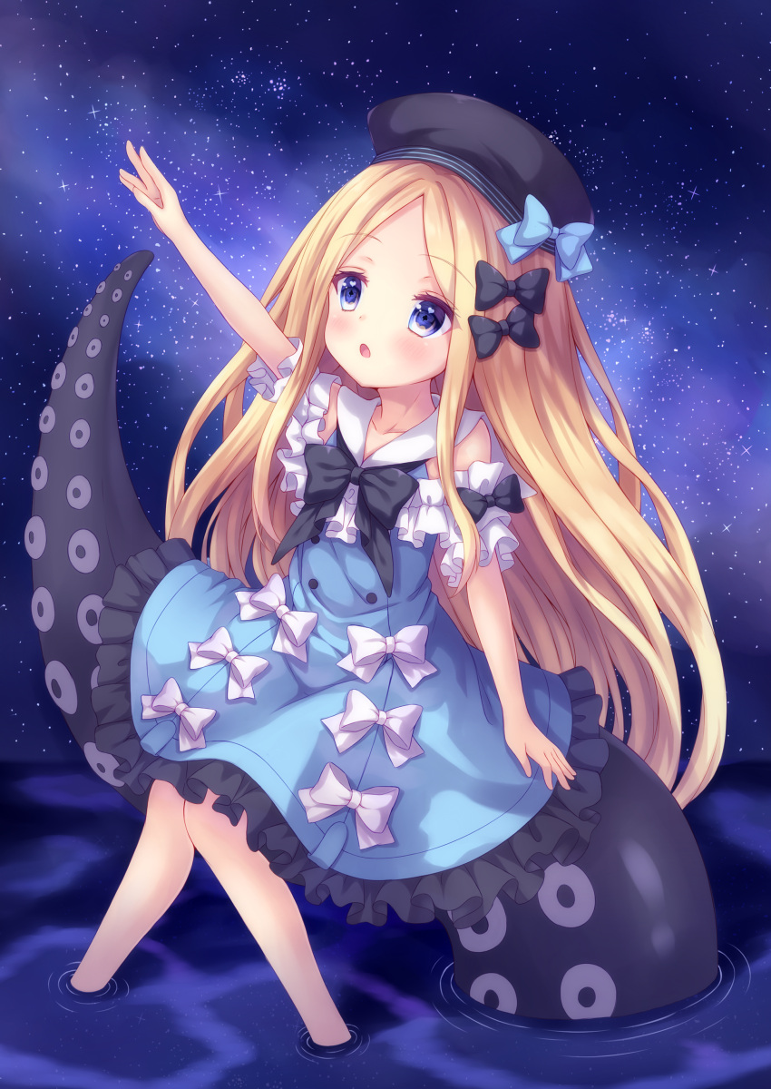 1girl, :o, abigail_williams_(fate/grand_order), absurdres, arm_up, bangs, beret, black_bow