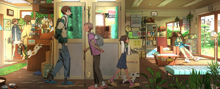 1boy, 6+girls, absurdres, air_conditioner, backpack, bag, bathhouse, bowl