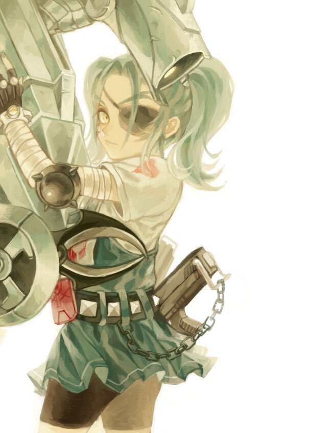 1boy, 1girl, autobot, dual_persona, eyepatch, green_hair, insignia, looking_at_viewer, mame_(mmgamegg), robot, transformers, twintails, weapon, whirl, white_background