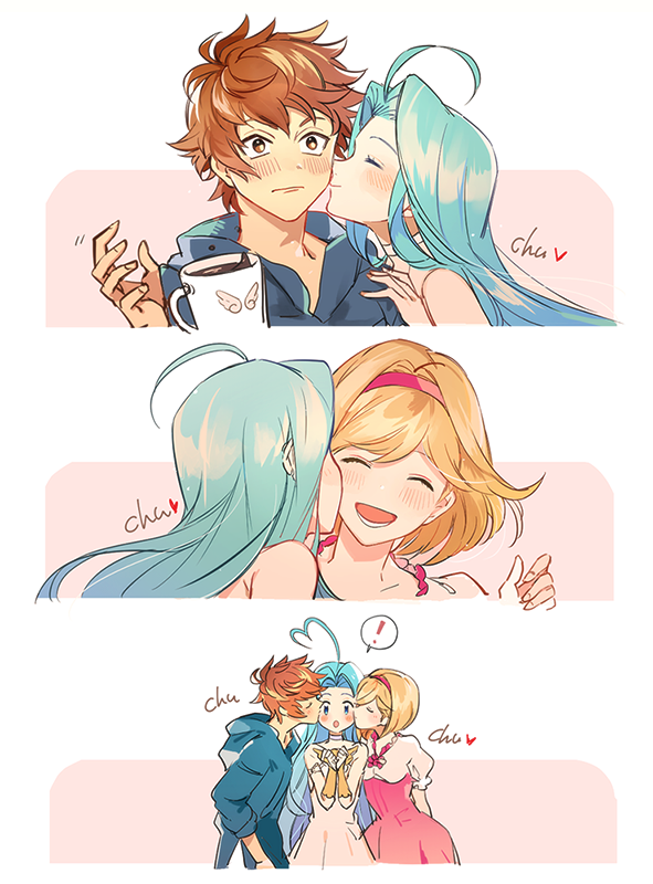 !, 1boy, 2girls, :d, :o, ^_^, ahoge, aqua_hair, blonde_hair, blue_eyes, blush, brown_eyes, brown_hair, cheek_kiss, closed_eyes, coffee, coffee_mug, commentary, cunonn, cup, djeeta_(granblue_fantasy), double_cheek_kiss, dress, dropping, gran_(granblue_fantasy), granblue_fantasy, hairband, heart_ahoge, hetero, hood, hood_down, hoodie, kiss, kiss_day, long_hair, lyria_(granblue_fantasy), medium_hair, mug, multiple_girls, open_mouth, pink_hairband, puffy_short_sleeves, puffy_sleeves, sandwiched, short_sleeves, simple_background, smile, spoken_exclamation_mark, yuri