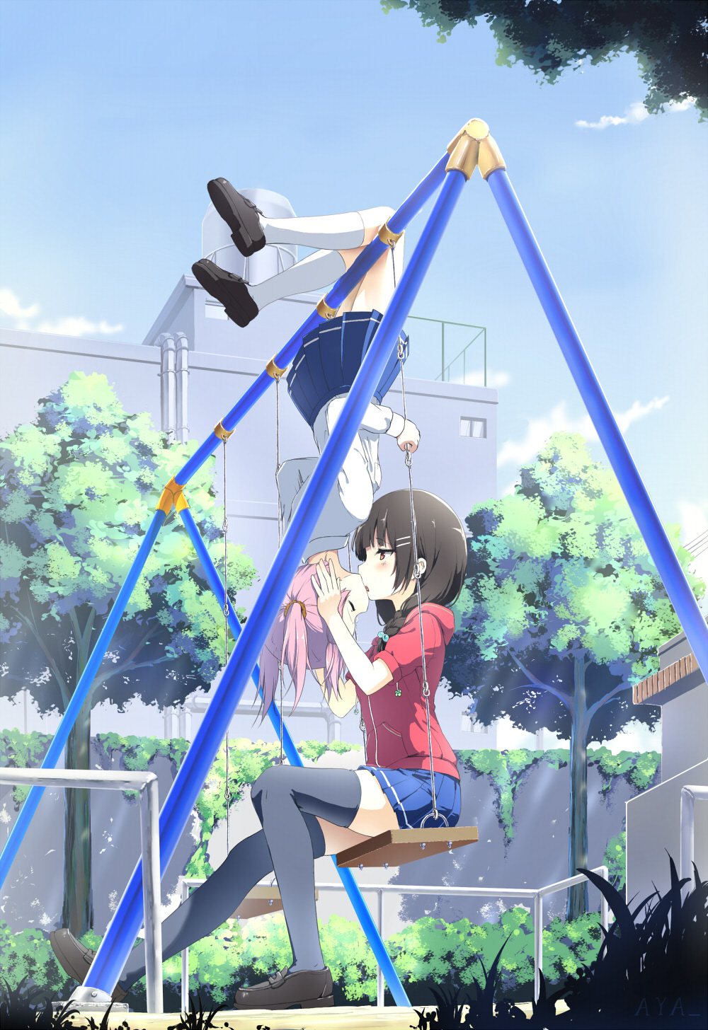 2girls, artist_name, aya223, black_legwear, blue_skirt, blue_sky, braid, brown_footwear