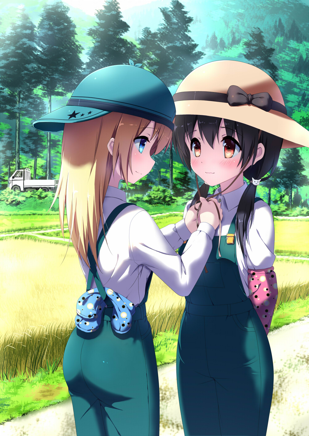 2girls, aqua_hat, aya223, backwards_hat, black_bow, black_hair, blue_eyes, blush