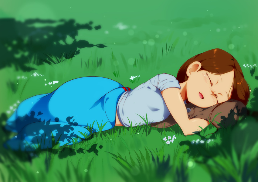 1girl, :d, absurdres, blue_shirt, blurry, blurry_foreground, brown_hair, closed_eyes, commentary, day, depth_of_field, english_commentary, facing_viewer, grass, highres, jcm2, lisa_loud, long_hair, lying, on_grass, on_ground, on_side, open_mouth, outdoors, shirt, short_sleeves, sleeping, smile, solo, the_loud_house