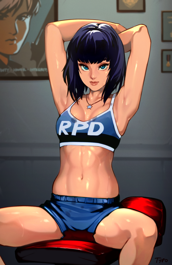1boy, abs, armpits, arms_behind_head, arms_up, artist_name, bangs, blue_eyes, blue_shorts, blue_sports_bra, breasts, closed_mouth, collarbone, commentary, cosplay, femboy, indoors, jewelry, leon_s_kennedy, light_smile, lips, looking_at_viewer, medal, medium_breasts, navel, necklace, picture_frame, purple_hair, real_life, real_life_insert, rebecca_chambers, rebecca_chambers_(cosplay), resident_evil, shiny, shiny_skin, short_hair, shorts, sitting, solo, sports_bra, spread_legs, star, star_necklace, stomach, suzi_(the_sphere_hunter), sweat, thighs, toned, transexual, typo_(requiemdusk), youtube