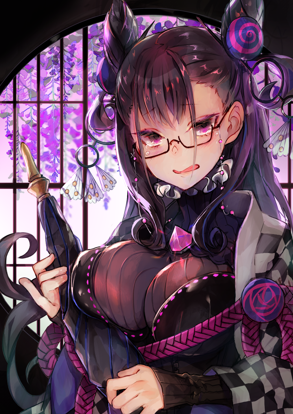 bangs, black_dress, blush, breasts, commentary_request, double_bun, dress, fate/grand_order