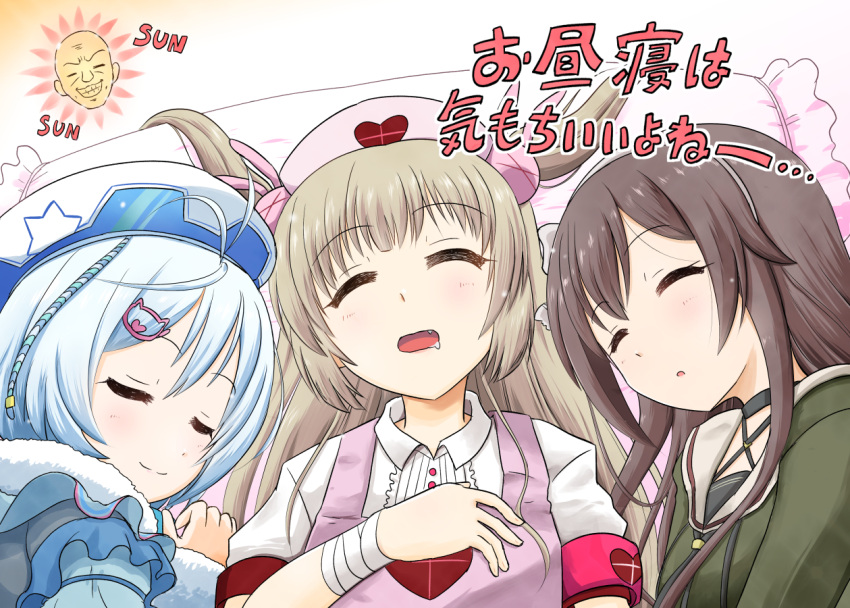 .live, apron, bandages, bangs, black_choker, brown_hair, bunny_hair_ornament, choker, closed_eyes, commentary, dennou_shoujo_youtuber_shiro, fur_trim, gariben_girl_v, green_shirt, grin, hair_ornament, hairband, hand_on_own_chest, hat, kotouge_eiji, light_brown_hair, long_hair, long_sleeves, natori_sana, nurse_cap, open_mouth, parted_lips, pillow, pink_apron, pink_headwear, portrait, puffy_short_sleeves, puffy_sleeves, real_life, saliva, sana_channel, shiro_(dennou_shoujo_youtuber_shiro), shirt, short_hair, short_sleeves, sleeping, smile, sun, two_side_up, virtual_youtuber, wakabayashi_makoto, white_hair, white_shirt, yaezawa_natori