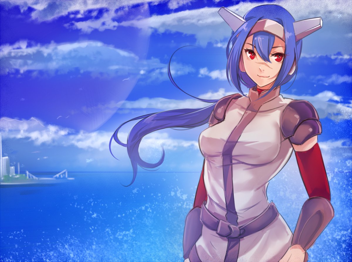 1girl, arm_warmers, blue_hair, blue_sky, bogus_witch, clouds, cloudy_sky, crosscode, day, facial_scar, hair_between_eyes, helmet, lea_(crosscode), light_smile, long_hair, looking_at_viewer, moon, nose_scar, ocean, outdoors, ponytail, red_eyes, scar, science_fiction, shoulder_armor, sidelocks, sky, solo, spaulders, standing