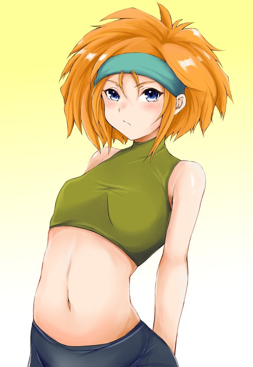 1girl, antenna_hair, arched_back, arms_behind_back, big_hair, bike_shorts, blue_eyes, blush, breasts, crop_top, frown, green_hairband, gundam, gundam_08th_ms_team, hairband, halter_top, halterneck, headband, highres, kiki_rosita, looking_at_viewer, navel, orange_hair, ryou_(619-619), short_hair, small_breasts, solo, stomach