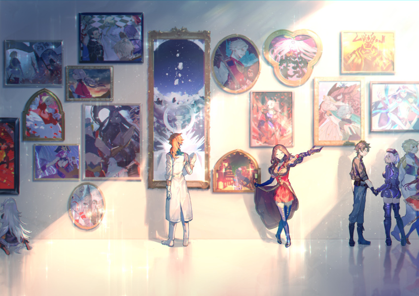 3boys, 3girls, abigail_williams_(fate/grand_order), agravain_(fate/grand_order), anastasia_(fate/grand_order), armor, art_gallery, artoria_pendragon_(all)