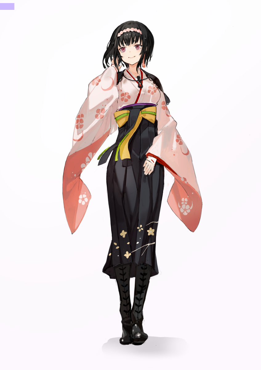 1girl, bangs, black_footwear, black_hair, black_hakama, boots, breasts, closed_mouth