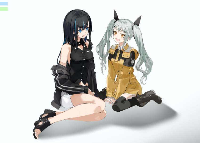 2girls, :d, arm_support, bangs, bare_shoulders, between_legs, black_bow, black_footwear