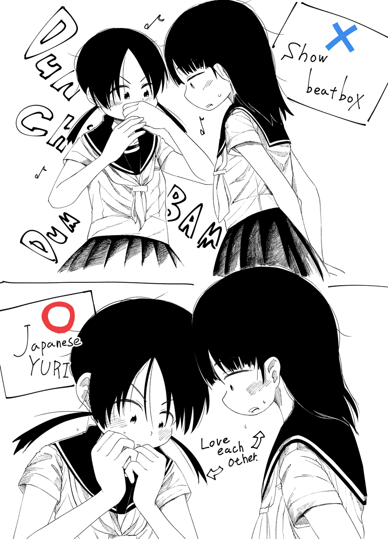 2girls, beatboxing, black_hair, blush, commentary, covering_mouth, english_text, kneehighs