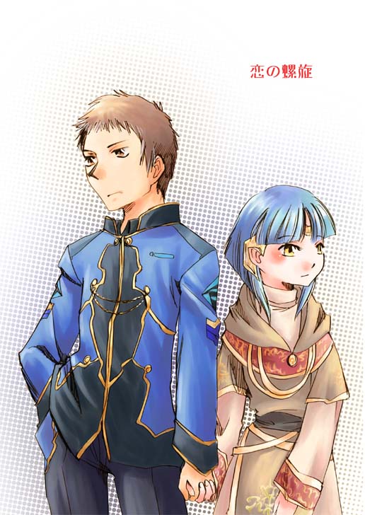 blue_hair, blunt_bangs, bob_cut, dress, ester_ein_astrada, forest_penguin, hand_holding, holding_hands