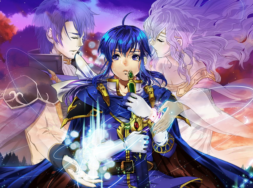 1girl, 2boys, ahoge, blue_eyes, blue_hair, cape, celice_(fire_emblem), closed_eyes, cradling, diadora_(fire_emblem), father_and_son, fire_emblem, fire_emblem:_seisen_no_keifu, headband, holding, holding_sword, holding_weapon, long_hair, mother_and_son, multiple_boys, niku_(amikoto), pauldrons, sigurd_(fire_emblem), smile, sword, teardrop, tears, weapon, white_hair