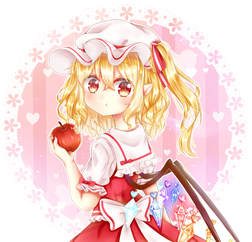 1girl, :t, apple, blonde_hair, blush, bow, commentary, crystal
