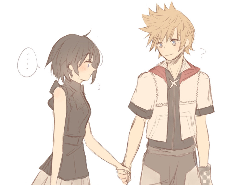 ..., 1boy, 1girl, ?, black_hair, blonde_hair, blush, highres