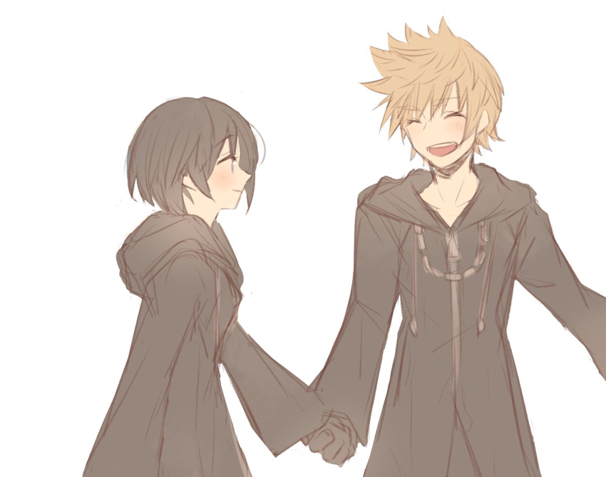1boy, 1girl, black_clothes, black_coat, black_coat_(kingdom_hearts), black_gloves, black_hair, blonde_hair