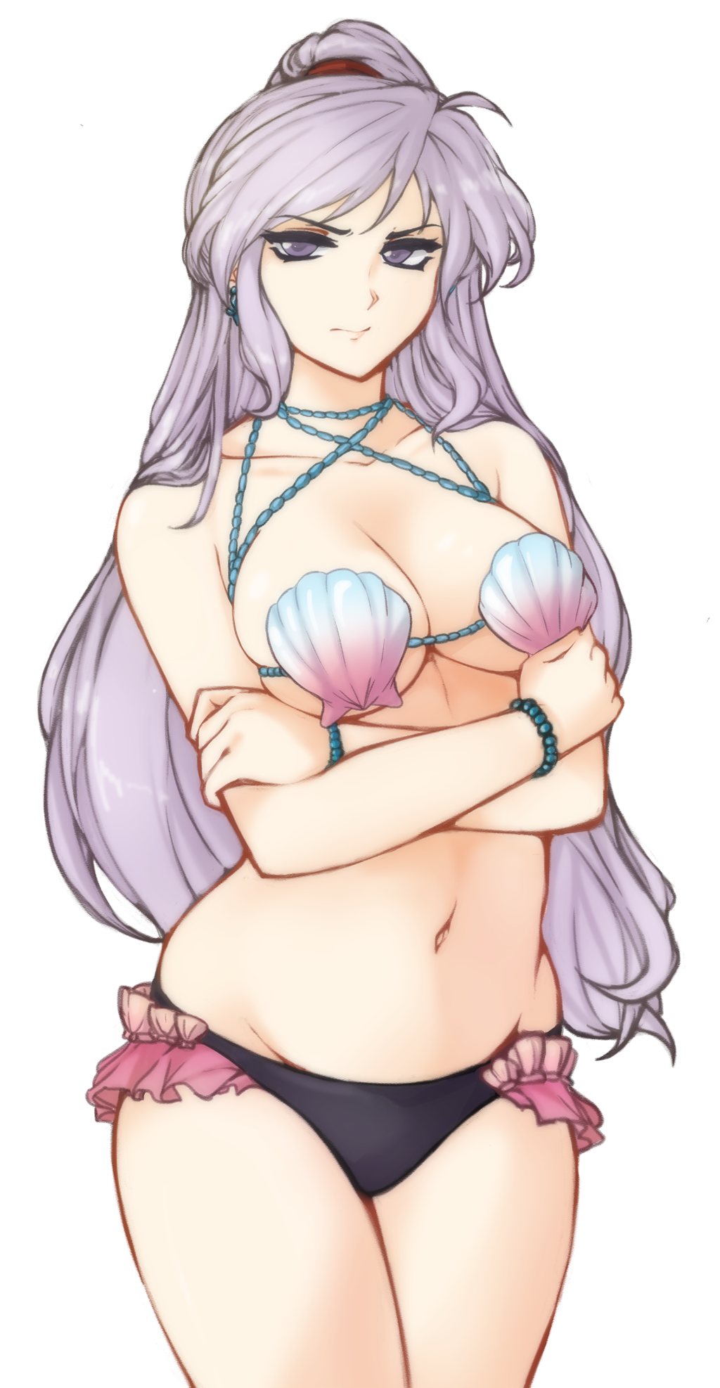 1girl, bead_bracelet, beads, bikini, bracelet, breasts, closed_mouth, commentary