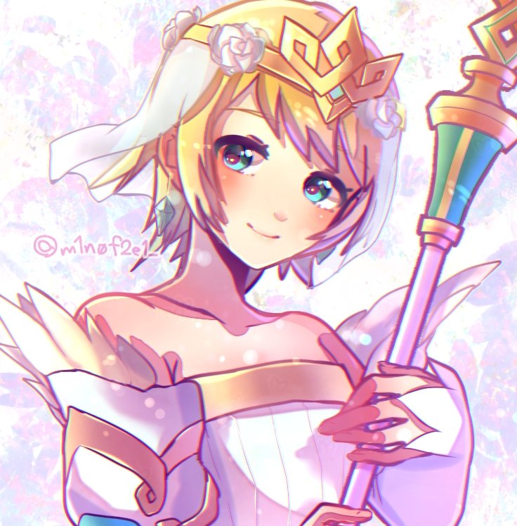 1girl, blonde_hair, blue_eyes, bride, closed_mouth, commentary_request, crown, earrings