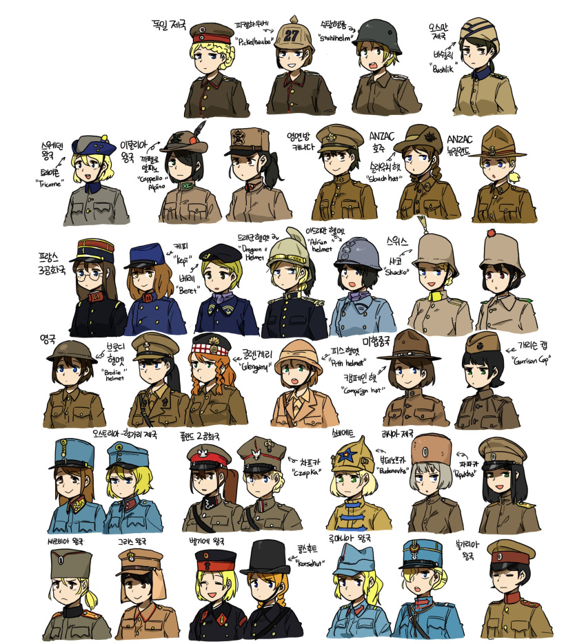 6+girls, absurdres, adrian_helmet, anyan_(jooho), bashlik, belt, beret, braid