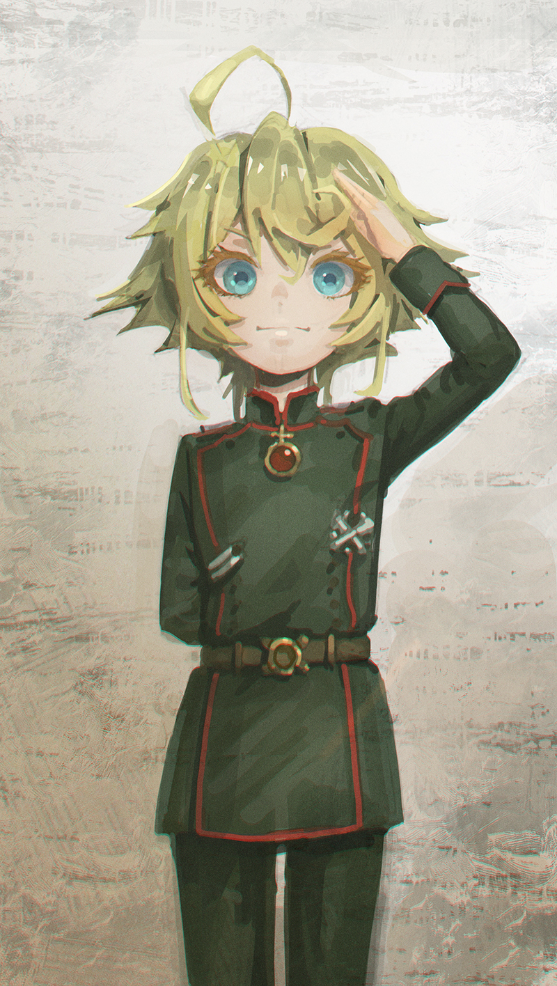 1girl, ahoge, akamidoriao_(rgb), arm_behind_back, blonde_hair, blue_eyes, commentary_request, highres, huge_ahoge, iron_cross, looking_at_viewer, medal, military, military_uniform, salute, smile, solo, standing, tanya_degurechaff, uniform, youjo_senki