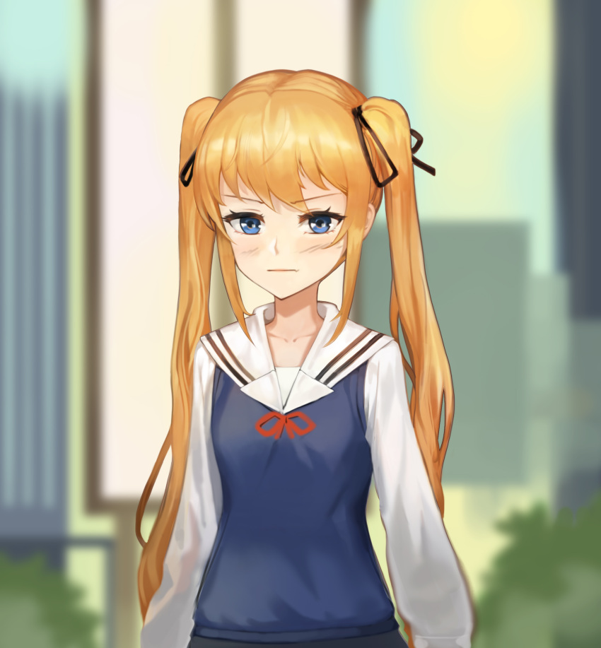 1girl, absurdres, black_ribbon, blonde_hair, blue_eyes, fang, hair_ribbon, highres