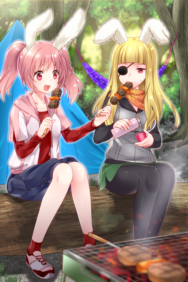 2girls, animal_ears, black_legwear, black_sweater, blonde_hair, blue_shorts, chiester00, chiester45