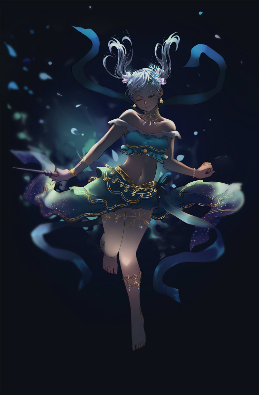 1girl, bare_shoulders, barefoot, black_clover, breasts, closed_eyes, earrings, highres