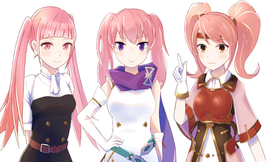 3girls, absurdres, arms_behind_back, belt, breastplate, brown_eyes, closed_mouth, commentary_request